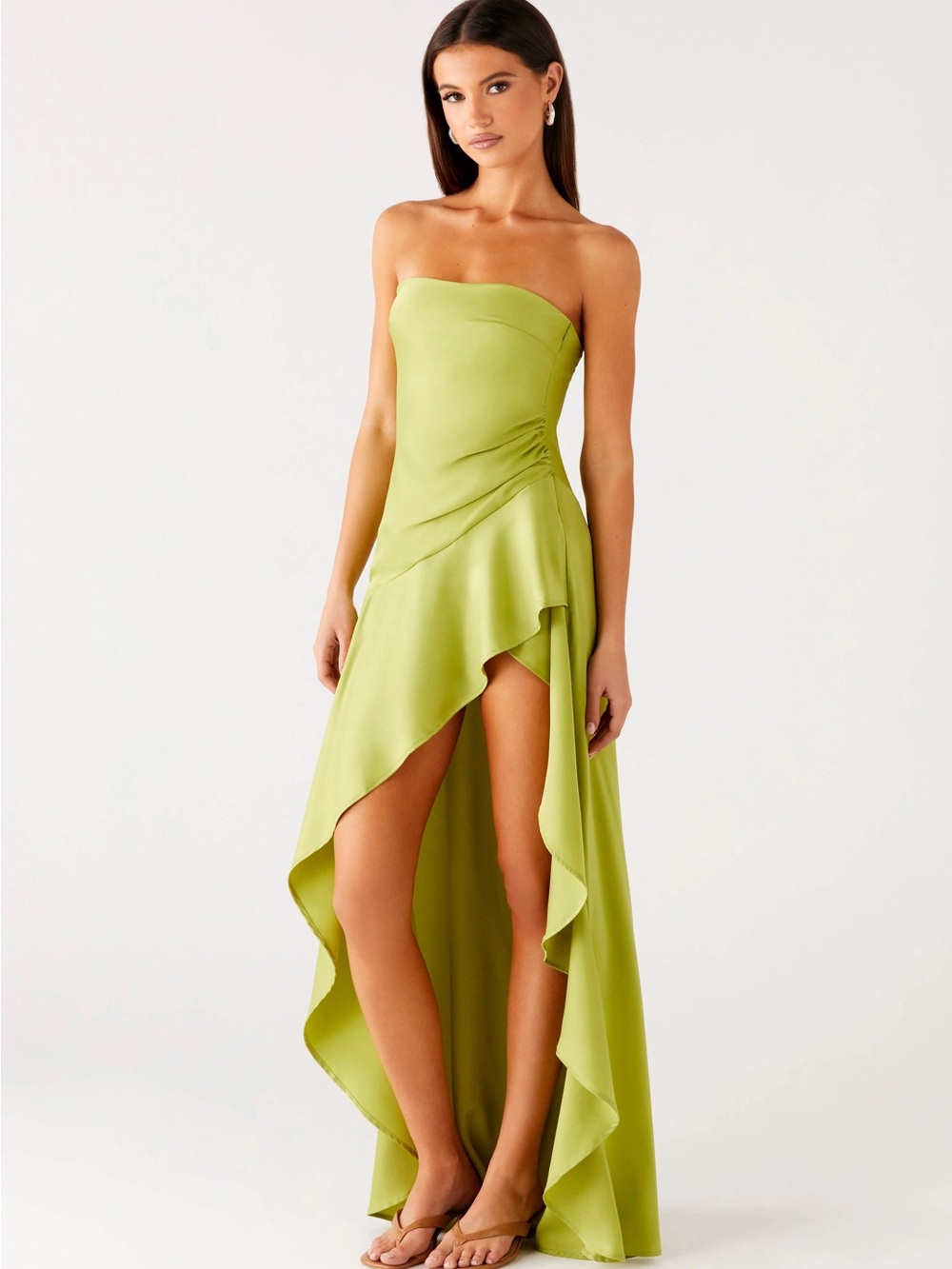 Peppermayo Strapless High-Low Ruffle Dress in Lime Green